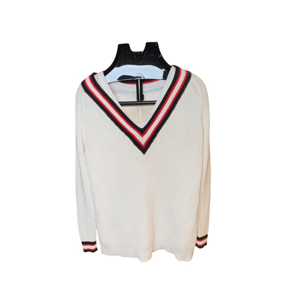 1901 Mens White Red Black Trim V Neck Long Sleeve Sweater Knit Casual Pullover M